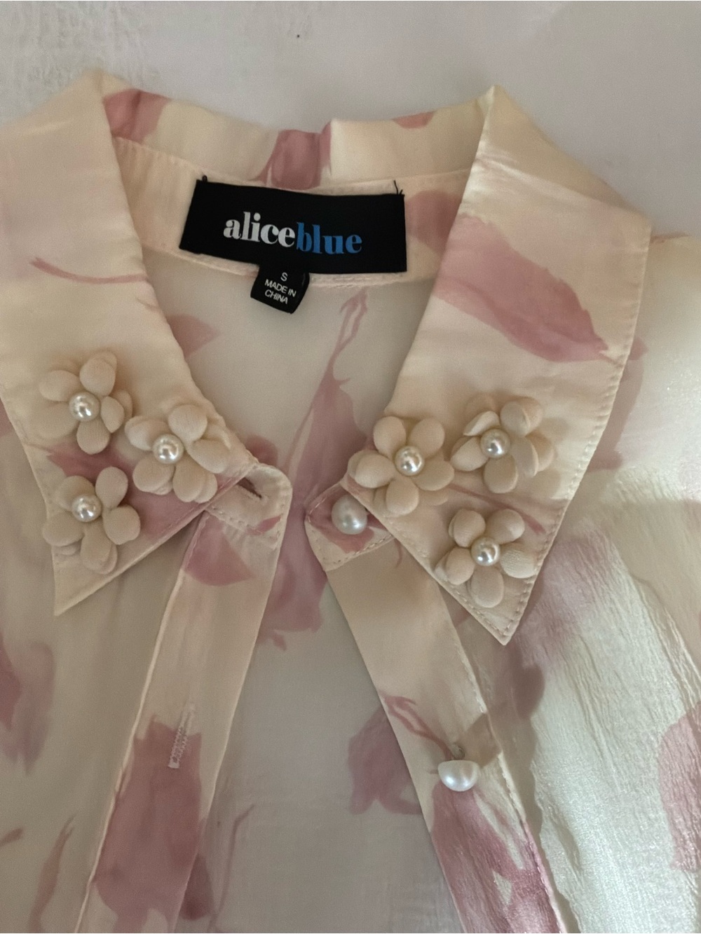 🌙✨ Alice Blue Romantic Sheer Floral Pearl-Button Blouse - Picture 7 of 7